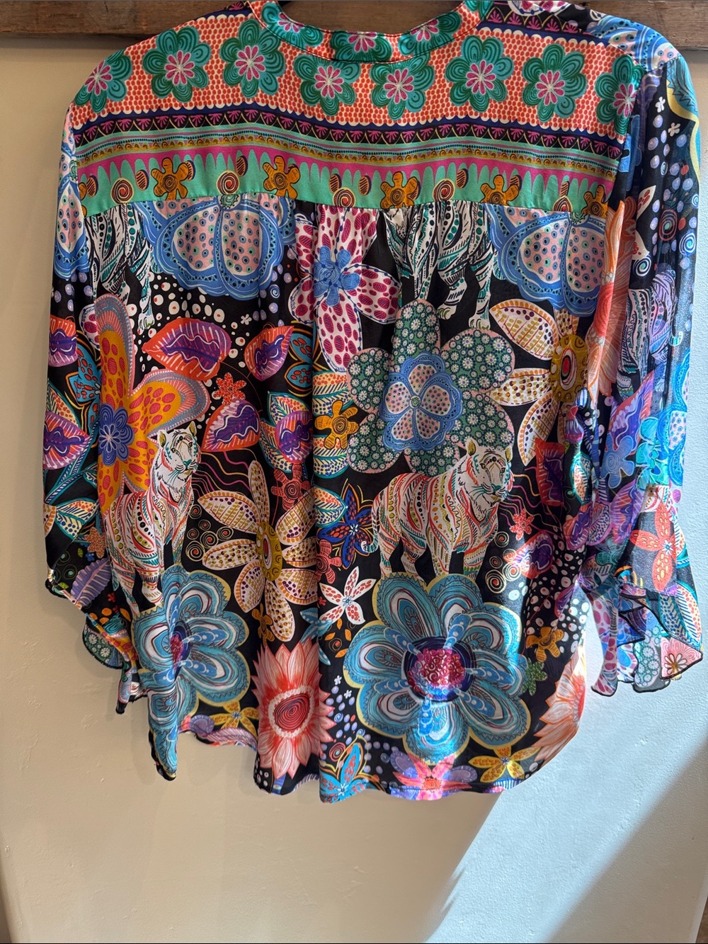 Johnny Was Multicolor Floral V-Neck Silk Blouse on Black - Picture 4 of 6